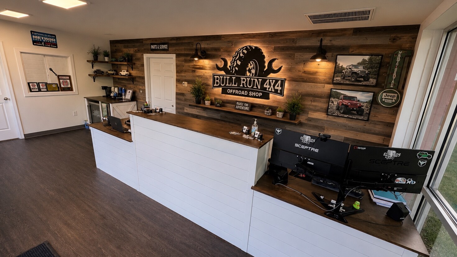 Bull Run 4x4 front counter and shop logo
